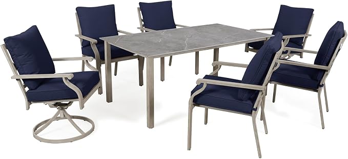 7-Piece Patio Dining Set, Grey Food-Grade Sintered Stone Dining Table with Umbrella Hole, 4 Dining Chairs and 2 Swivel Chairs with Blue Removable Thickened Cushions for Garden Lawn Yard