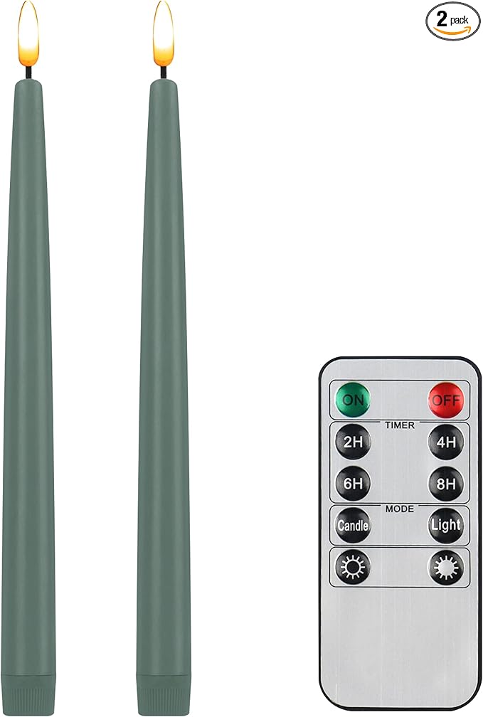 CVHOMEDECO. Flameless Taper Candles with 10-Key Remote, Battery Operated Led Flickering 3D Wick Window Candles Real Wax Finished Home Christmas Party Decor 0.78 x 11 Inch, Pack of 2, Grey Green