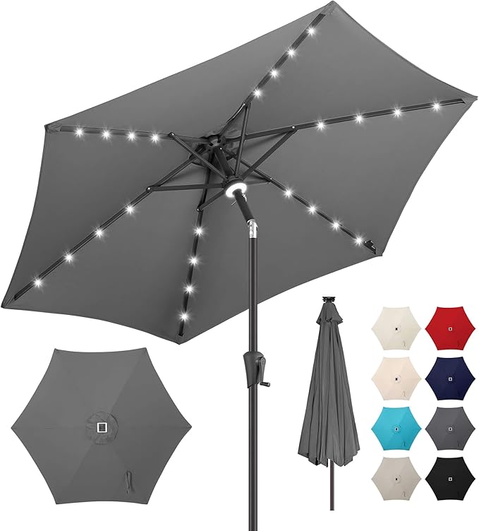 10FT Solar Patio Umbrella - Outdoor Umbrella with Centre Surround Light 24 LED Lights, Market Table Umbrella with Tilt for Pool, Porch, Garden, Deck, Backyard UV Protection (Anthracite)