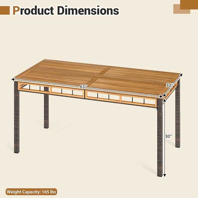 HAPPYGRILL Acacia Wood Outdoor Dining Table 63", 4-6 Person Rectangular Metal Patio Table with Umbrella Hole and Rattan Legs, Slatted Outdoor Furniture for Garden, Poolside, Backyard and Deck