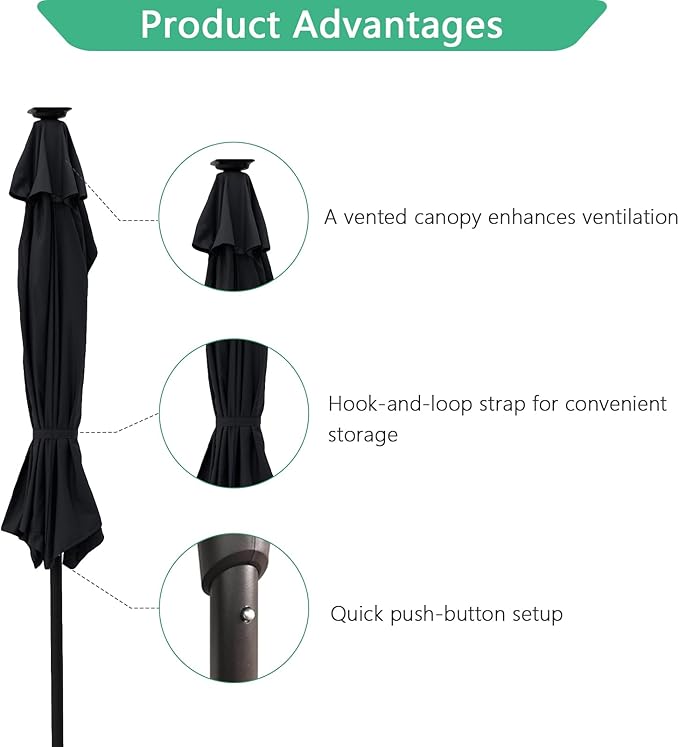 Helios&Hestia 9 ft Small Half Round Solar Powered Wall Outdoor Market Patio Umbrella with LED Lights and Tilt for Garden, Deck, Balcony
