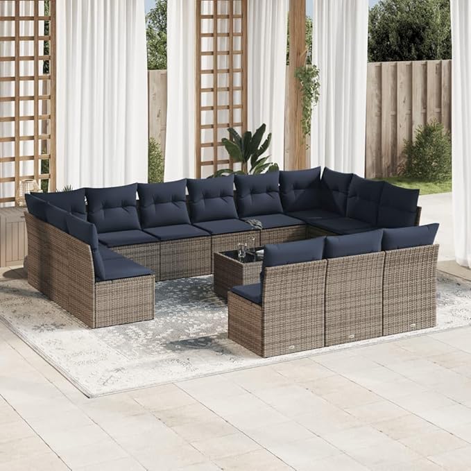 vidaXL Patio Sofa Set with Cushions 14 Piece, Sectional Sofa with Glass Table, Outdoor Conversation Set, Modern Style, Gray Poly Rattan