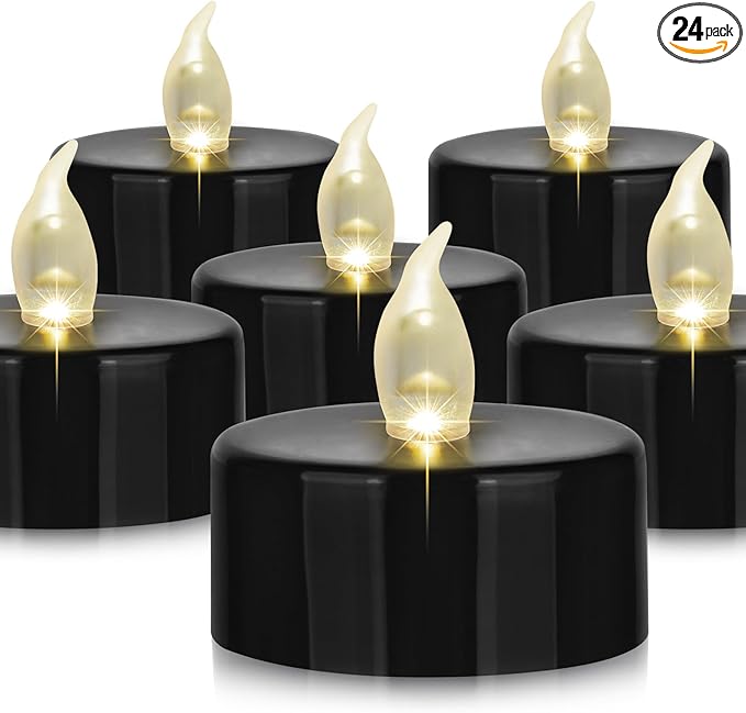 Hanzim Battery Operated LED Tea Lights: 24PACK Flameless Votive Candles Lamp Realistic and Bright Flickering Holiday Gift Long Lasting 200Hours for Seasonal & Festival Celebration Black