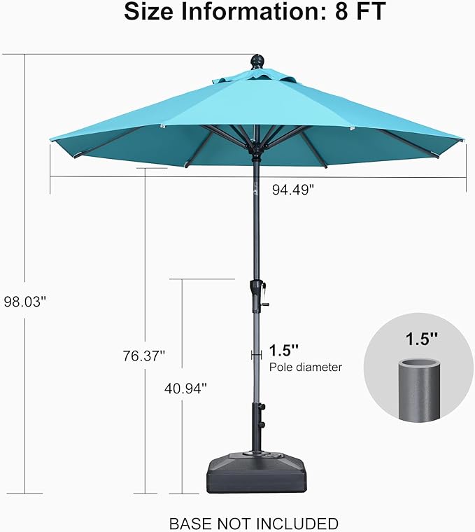 PURPLE LEAF 8' Round Patio Umbrella Outdoor Table Umbrella Aluminum Frame Market Umbrella Sun Umbrella with 8 Sturdy Ribs Tilt for Garden Deck Lawn Pool Turquoise Blue