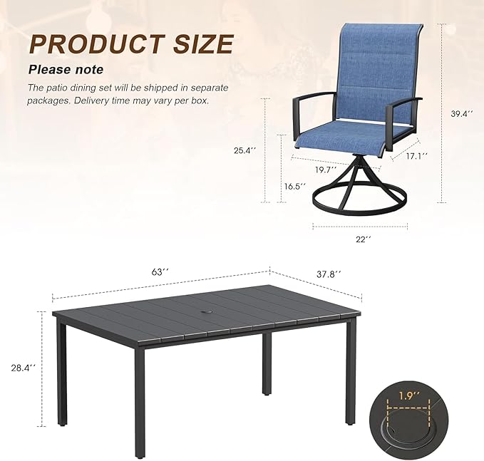 VICLLAX 7 Pieces Outdoor Dining Set, Patio Furniture Set Includes 63" Rectangular Metal Table W/ 1.9" Umbrella Hole and 6 Padded Textilene Swivel Chairs for Porch, Lawn, Garden, Backyard