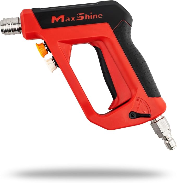 Maxshine Short Pressure Washer Gun Pro – 5000PSI Power Washer Gun with Auto Lock 1/4” Quick Connect, Includes 2 Nozzles with Storage – Stainless Steel Build, Dual Safety Lock, 360° Swivel