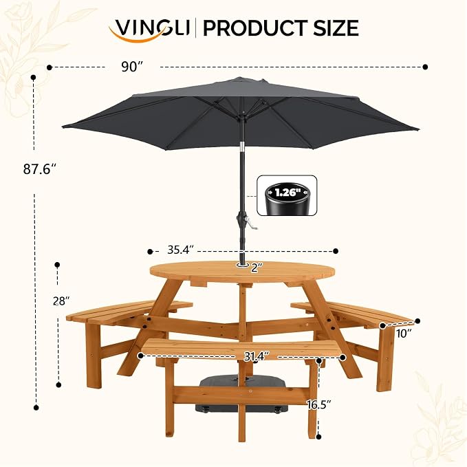 VINGLI Wood Picnic Table Outdoor Round Picnic Table with 7.5ft Umbrella and 4 Built-in Benches, Outdoor Dining Tables and Chairs 550 LBS Bench Capacity (Gray, Round)