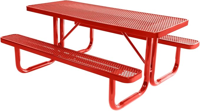 COATEDOUTDOORFURNITURE Heavy-Duty Portable Outdoor Picnic Table, Thermoplastic Coated Expanded Metal Commercial-Grade Patio Furniture Made in America (6ft Rectangular, Red with Red Frames)