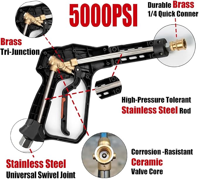 Swivel Pressure Washer Short Gun,Sturdy 5000PSI Power Washer Handle with Replacement Extand Wand Carwash Water Spray Washing Gun and 3/8 Plug & M22-14mm & M22-15mm and 1/4 Adapter 5 nozzles