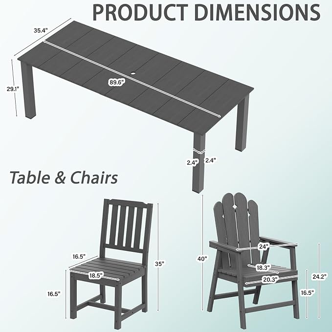 11-Piece Patio Dining Set, Outdoor Dining Set for 10, HDPE All-Weather Outdoor Furniture with 89.57” Umbrella Hole Table, 2 Armchairs & 8 Armless Chairs, Gray