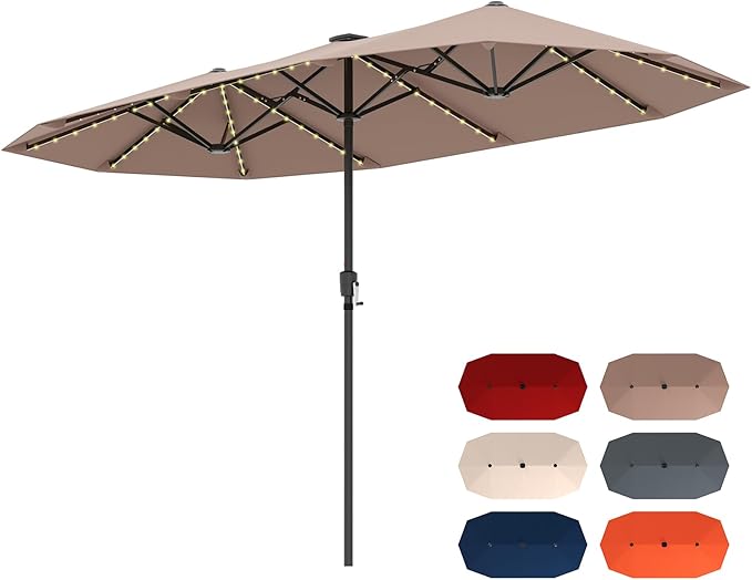 Tangkula 13 FT Large Patio Umbrella w/LED Solar Lights, Crank Handle, 12 Heavy-Duty Ribs, Outdoor Double-Sided Table Market Umbrella Rectangular Twin Parasol for Garden Deck Lawn Poolside (Tan)