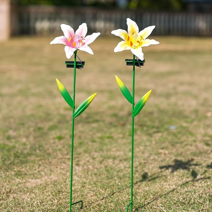 Solar Garden Lights Outdoor,2 Pack Lily Flowes Solar Garden Lights,Waterproof Decorative Metal Flowers Lights for Outside Lawn Patio Pathway