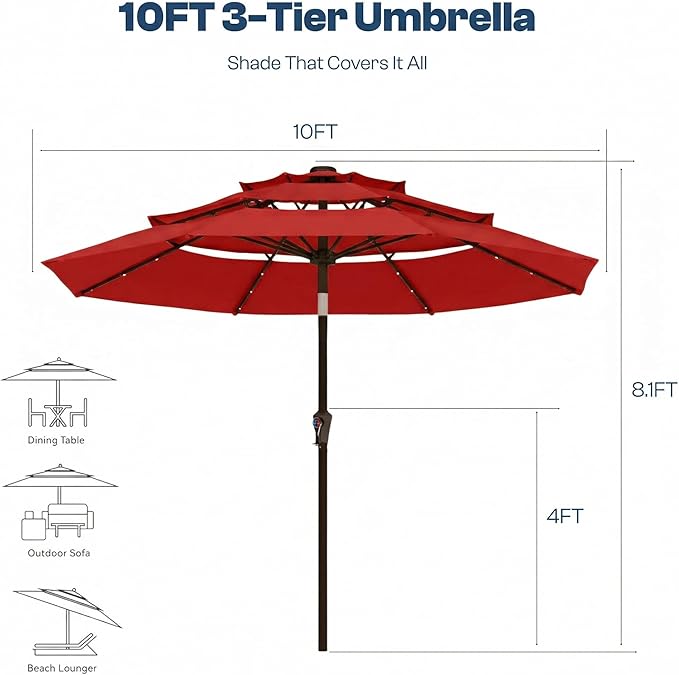 10ft 3-Tier Patio Umbrella with 32 Solar Powered LED Lights, Windproof Outdoor Market Umbrella for Deck, Poolside & Garden, Sturdy Push-Button Tilt Table Umbrella, Red