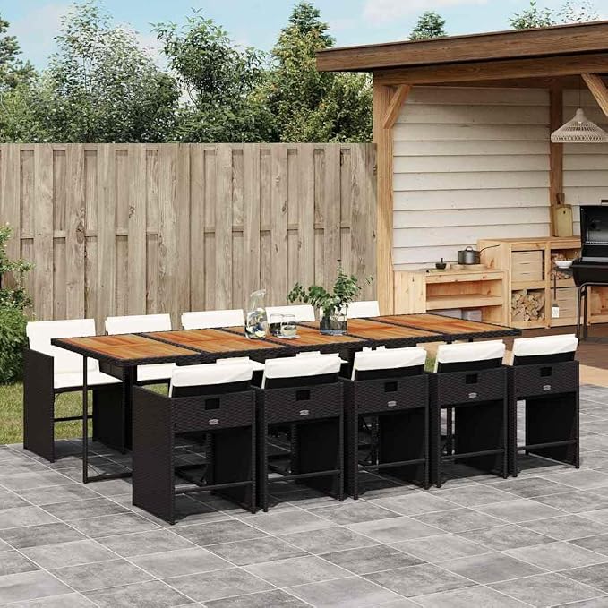 11 Piece Outdoor Dining Set, Poly Rattan Patio Table and Chairs, Space-Saving Cube Furniture with Washable Cushions, Black