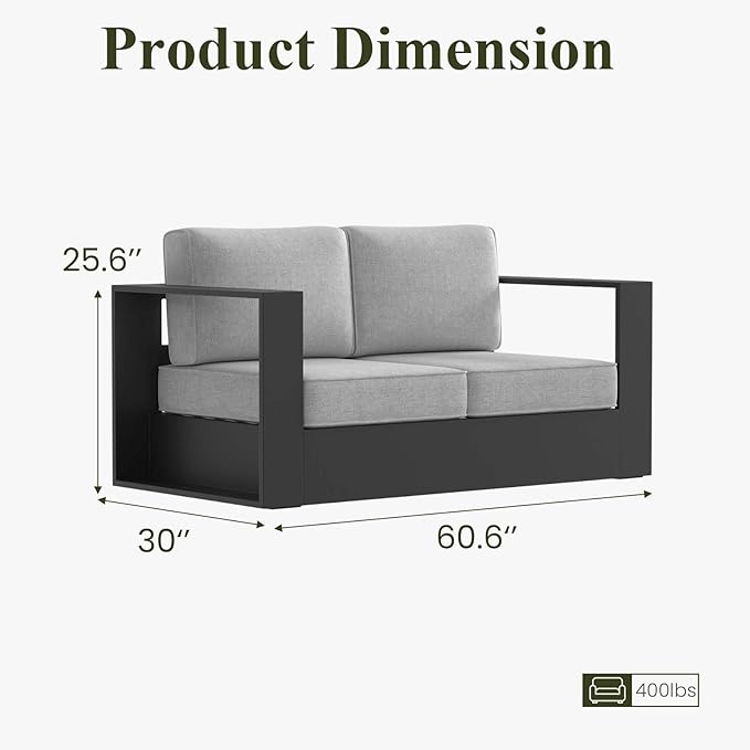 LayinSun Oversized Aluminum Outdoor Furniture, 1 Piece Patio Lovseat Sofa, Deep Seating and Upgraded 6-inch Cushions for Porch, Balcony, Deck