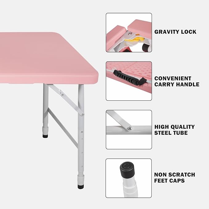 Anwick 4 Foot Folding Table Portable Fold-in-Half Plastic Picnic Table w/Handle and Steel Legs for Indoor, Outdoor, Camping, Party, Garden (Pink, 4ft)