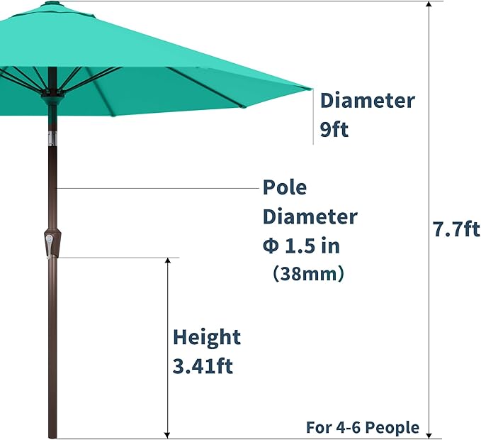 PatioKingdom Auto-Tilt 9FT Patio Umbrella Outdoor with 8 Sturdy Fiberglass Ribs,Market Table Umbrella for Pool,Backyard,Deck and Garden(Peacock Blue)