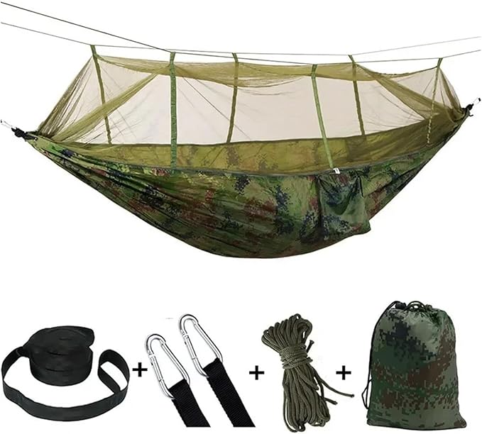 Hammock Camping Hammock with Net, Lightweight Portable Double Parachute Hammocks, High Capacity & Tear Resistance for Backyard,Hiking Camping Essentials (Color : Camouflage Green)