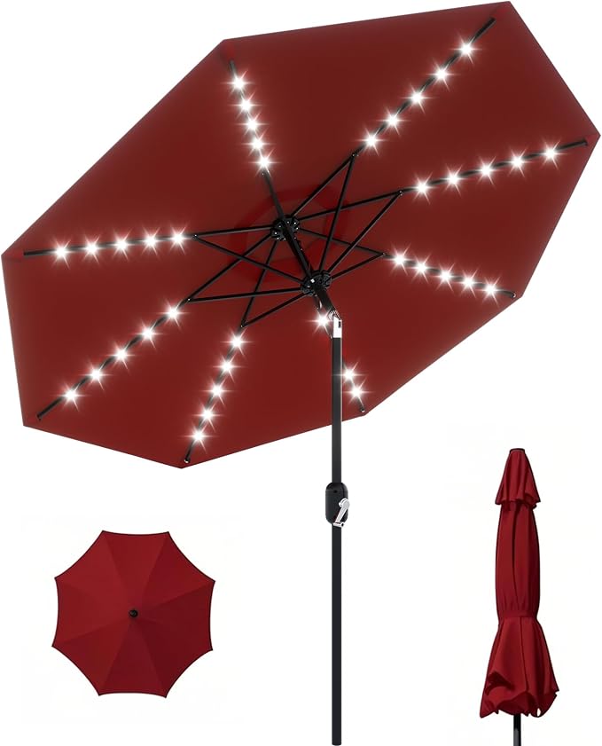GarveeLife 10 ft Patio Umbrella with Solar Lights, 8 Ribs Outdoor Market Table Umbrella with 40 LED Lights & Tilt Crank for Pool, Deck, Backyard, Red