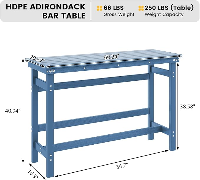 Sundale Outdoor Bar Table, 41 Inch Height Adirondack Rectangle Bar Table, All Weather Patio Bar Counter Height Table for Outside Backyard Balcony Poolside (Blue)