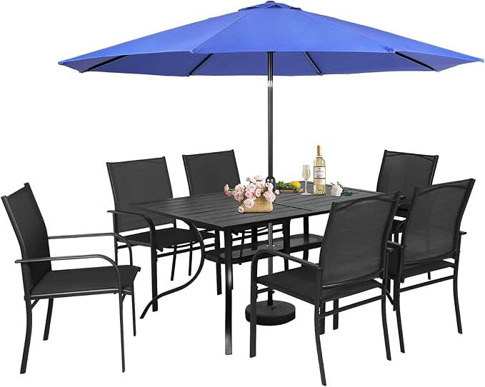 Incbruce 8 Pieces Patio Dining Set with Dark Blue Umbrella, Outdoor Dining Set of 6 Textilene Chairs and Rectangle Table with Umbrella Hole for Backyard, Garden, and Poolside (Black)