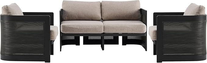 Christopher Knight Home Norhill Patio Sofa Set, 3 Pieces Outdoor Seating Set, Aluminum Patio Furniture Set with Two Club Chairs and Loveseat, Conversation Set for Patio Garden Poolside, Beige + Black