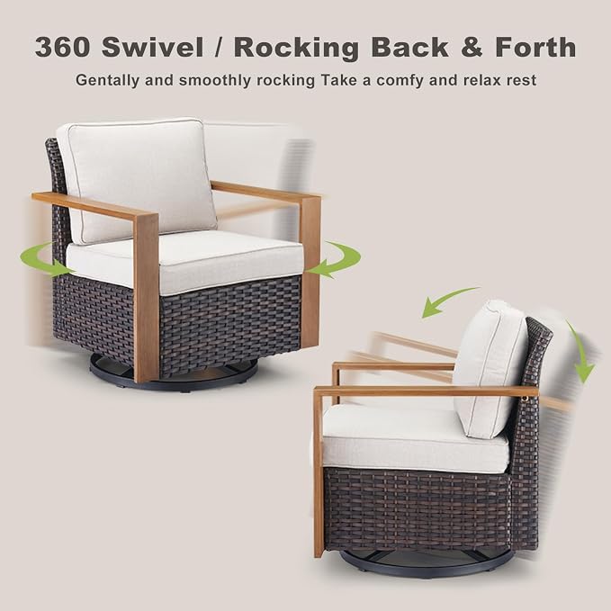 Rilyson Outdoor Wicker Patio Furniture Set - 8 Piece Patio Conversation Set with 4 Wicker Swivel Rocker Chairs,2 Rattan Ottoman 1 Side Table and 1 Couch,Thick Cushions,Deep Seating(Brown/Beige)
