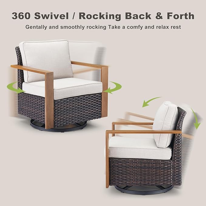 Rilyson Outdoor Wicker Patio Furniture Set - 5 Piece Patio Conversation Set with 2 Wicker Swivel Rocker Chairs,2 Ottoman, 1 Side Table, Thick Cushions, Deep Seating, Wide Armrest(Brown/Beige)