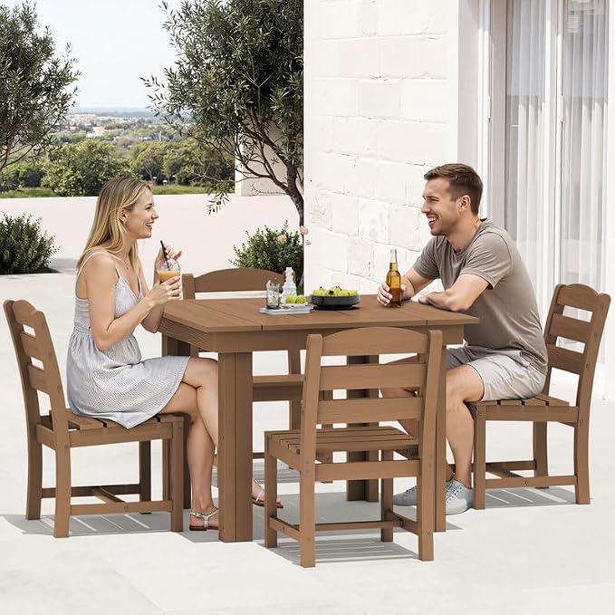 KINGYES 5-Piece HDPE Outdoor Dining Set for 4, Square Patio Table & Armless Chairs with Umbrella Hole, All-Weather Patio Dining Set for Backyard, Garden, Lawn & Poolside, Brown