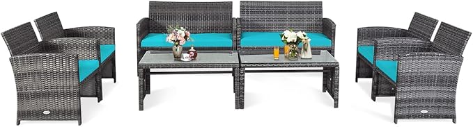 COSTWAY Patio Furniture Set 8 Pieces, Outdoor Wicker Chairs Sofa w/Coffee Table and Soft Cushions, Rattan Conversation Sets for Patio Lawn Backyard Yard Pool Garden, Turquoise