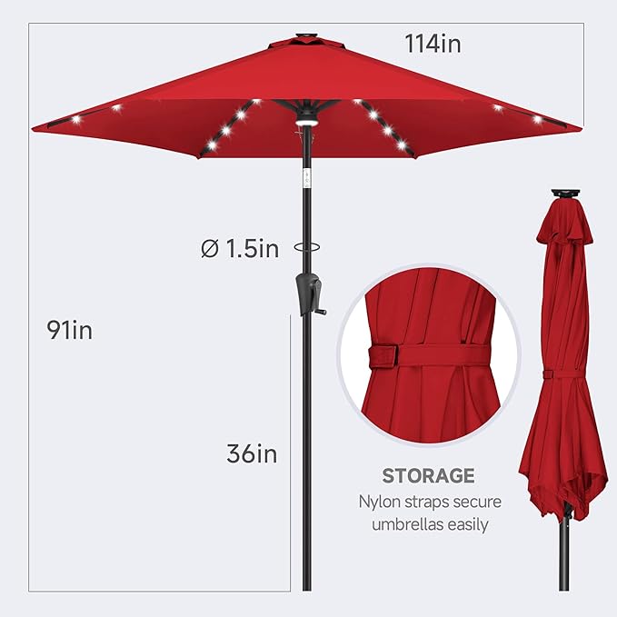 FLAME&SHADE 10ft Solar Outdoor Umbrella - 24 LED Lighted Patio Umbrella with Centre Surround Light, Table Umbrellas with Tilt & Crank for Pool, Porch, Garden, Deck, Backyard UV Protection (Red)