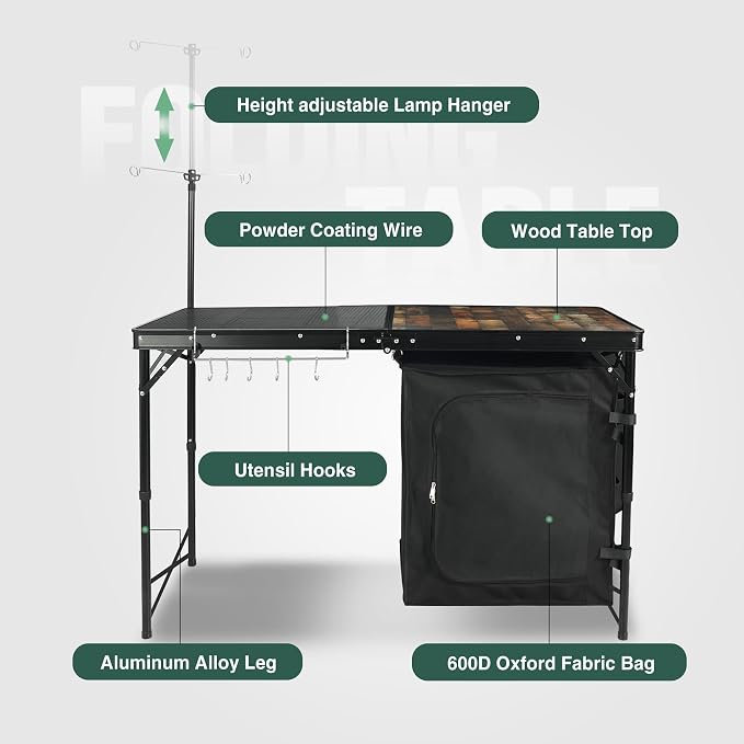 REDCAMP Portable Camping Kitchen Table, 4ft Folding Camping Grill Table with Storage Organizer and Telescoping Light Stand, Outdoor Cooking Station for BBQ, Party and Picnic