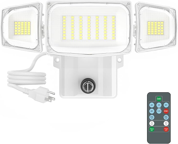 Olafus 80W Plug in Flood Lights Dusk to Dawn Outdoor Lighting, 8000LM Exterior LED Security Light with Remote, IP65 Waterproof, 6500K 3 Adjustable Heads Photocell Light for Yard, Garage, White