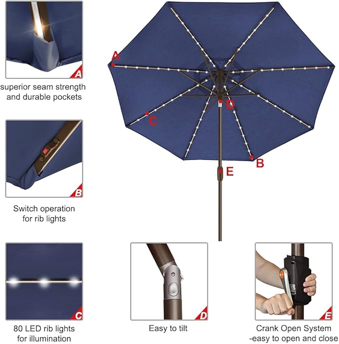 EliteShade USA 10-Year-Non-Fading 9ft Market Patio Umbrella, Commercial Grade Table Sun Umbrella with 80 Solar LED Lights, Crank Open, Windproof & UPF 50+ UV Protection for Garden, Deck, Pool, Backyard, Navy Blue