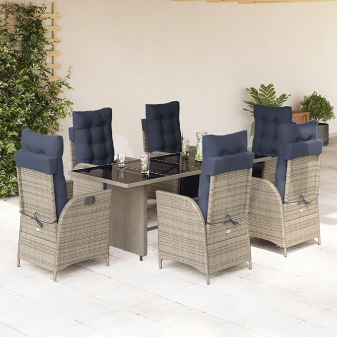 Backyard Furniture Patio Conversation Sets Outdoor Seating 7 Piece Patio Dining Set with Cushions Gray Poly Rattan Suitable for Gardens, Balconies, Decks