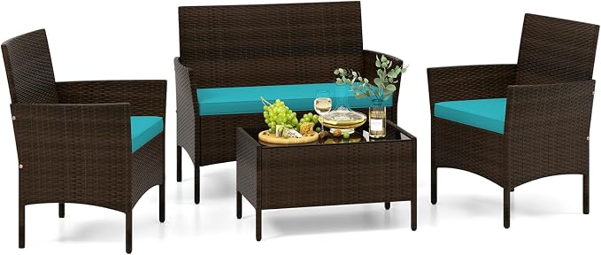Tangkula 4 Piece Patio Rattan Conversation Set, Outdoor Wicker Furniture Set with Chair, Loveseat & Tempered Glass Table, Cozy Seat Cushions, Outside Sectional Sofa Set for Backyard (1,Turquoise)