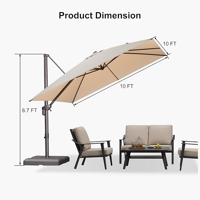 PURPLE LEAF 10' X 10' Patio Cantilever Umbrella with Base Included Antique Bronze Square Outdoor Umbrella with 360° Rotation and Aluminum Offset Hanging for Garden Backyard Pool, Beige