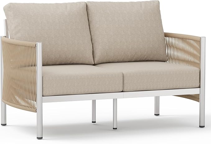 Aluminum Outdoor Patio Couch Loveseat, HDPE Rope Patio Sofa with Washable Thick Cushion, All-Weather Patio Furniture for Balcony, Yard, Silver Frame, Beige
