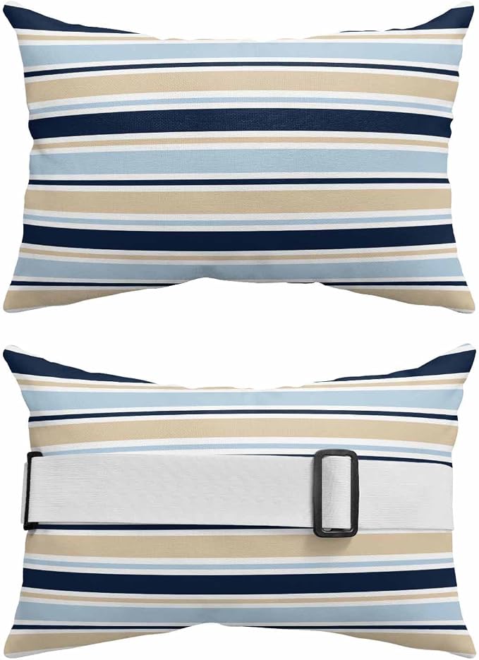 Pack of 2 Outdoor Lumbar Pillow Covers 12x20 Inch, Navy Blue Khaki Striped Waterproof Throw Pillow Covers Set, Farmhouse Stripes Modern Abstract Art Decorative Cushion Cases for Patio Porch Car