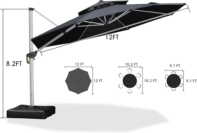 PURPLE LEAF 12 FT Cantilever Patio Umbrellas with Base Included, Large Round Offset Umbrella with 360° Rotation, Outdoor Aluminum Pool Umbrella for Pool Lawn Garden, Grey