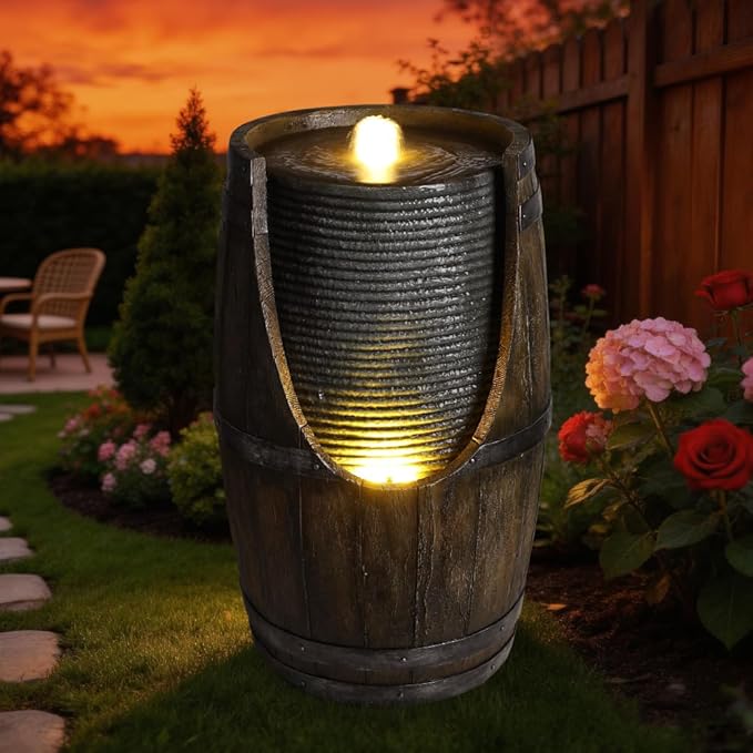 24.8'' Outdoor LED Water Fountain with Rustic Wood Barrel Look and Waterfall for Garden Patio