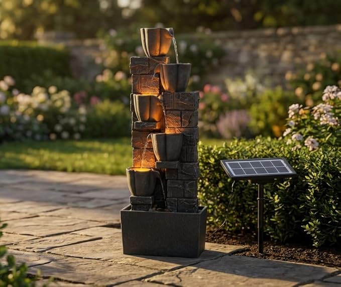 Cheng Pin Solar Powered Outdoor Water Fountain -38.2 in. Tall 4 Tiers Waterfall Fountain with Tulip Design and LED Lights,Create Outside Natural Water Feature for Garden,Patios,Lawns,Grey