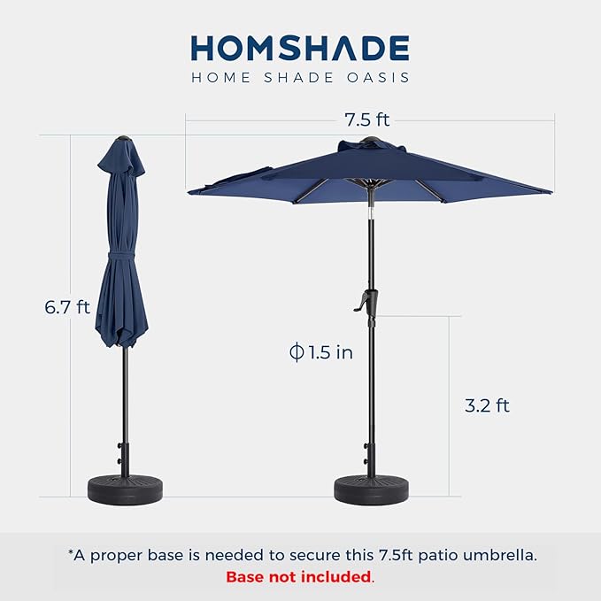 HOMSHADE 7.5ft Outdoor Patio Umbrella - Market Table Pool Deck Umbrella UPF50+ UV Protection with Push Button Tilt, Crank and 6 Sturdy Ribs (Navy Blue, No base)