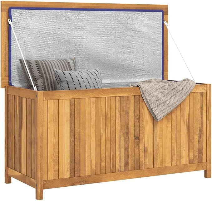Solid Teak Wood Garden Storage Box with Easy Open Lid and PE Bag for Patio Shed Garage