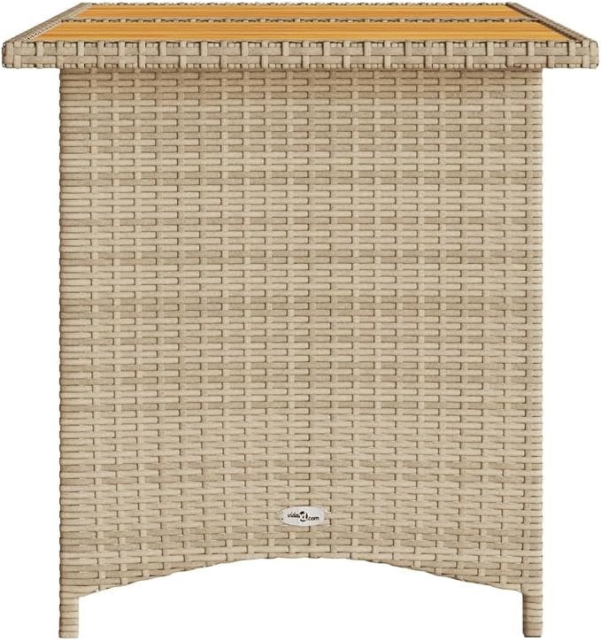 vidaXL Patio Table with Wooden Top, Garden Table, Dining Table for Outdoor Balcony, Patio Furniture, Modern Style, Beige Poly Rattan