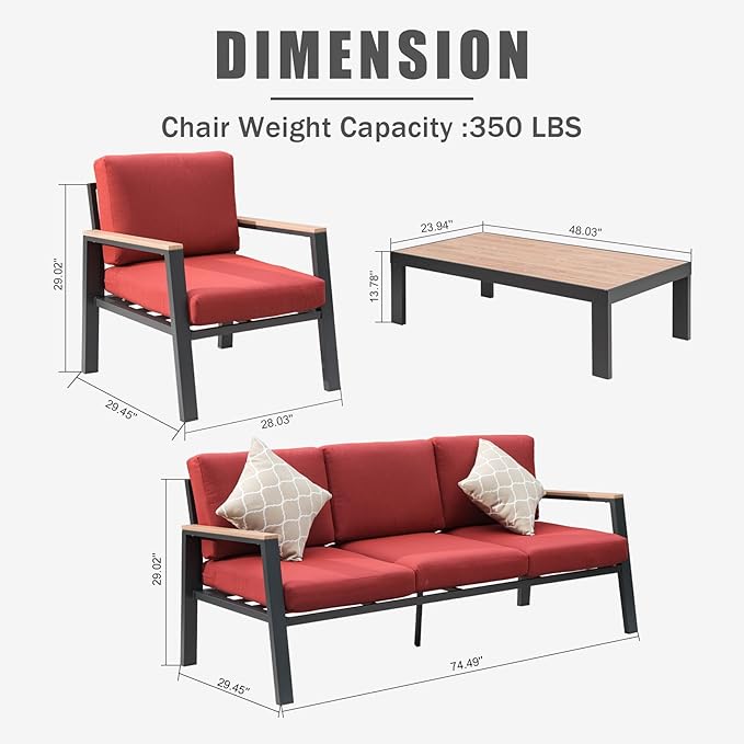 Domi Patio Conversation Set 4 Pieces, Aluminum Outdoor Patio Furniture with Coffee Table, All-Weather Modern Deep Seating Sofa Set with Cushions (Spring Coil Seat Cushion) -Red