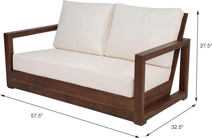 Christopher Knight Home Olaf 4 Pieces Outdoor Conversation Set, Acacia Wood Chat Set, Rectangular Coffee Table and Patio Loveseat with 2 Club Chairs, Patio Furniture Set with Cushion, Beige+Mocha