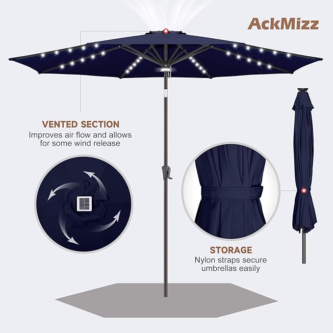 10ft Solar Umbrella Outdoor - Lighted Solar Patio Umbrella with 40 LED Lights Waterproof UV Protection, Table Umbrella with Tilt for Pool, Porch, Garden, Deck, Backyard (Navy Blue)