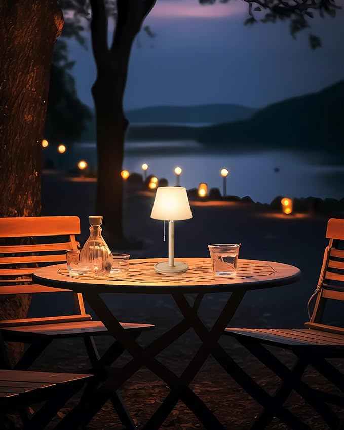 Outdoor Waterproof Table Lamp for Patio, Small Cordless Battery-Operated Lamp, Rechargeable Shower Light, 3 Lighting Modes Desk Light with Pull Chain Garden Outside Camping Bathroom, Wood Grain
