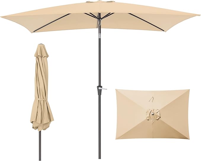 Rectangular Patio Umbrella, 6.5 x 10 ft Rectangle Table Umbrellas w/Heavy Duty Ribs, Effortless Crank and Push Button Tilt, Wind Resistant Sun Umbrella for Outdoor Patio, Beige